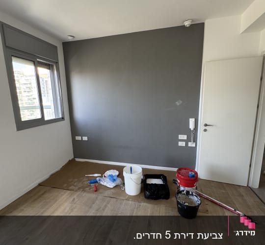 חדר עם קיר צבוע וכלי עבודה לצביעה על הרצפה